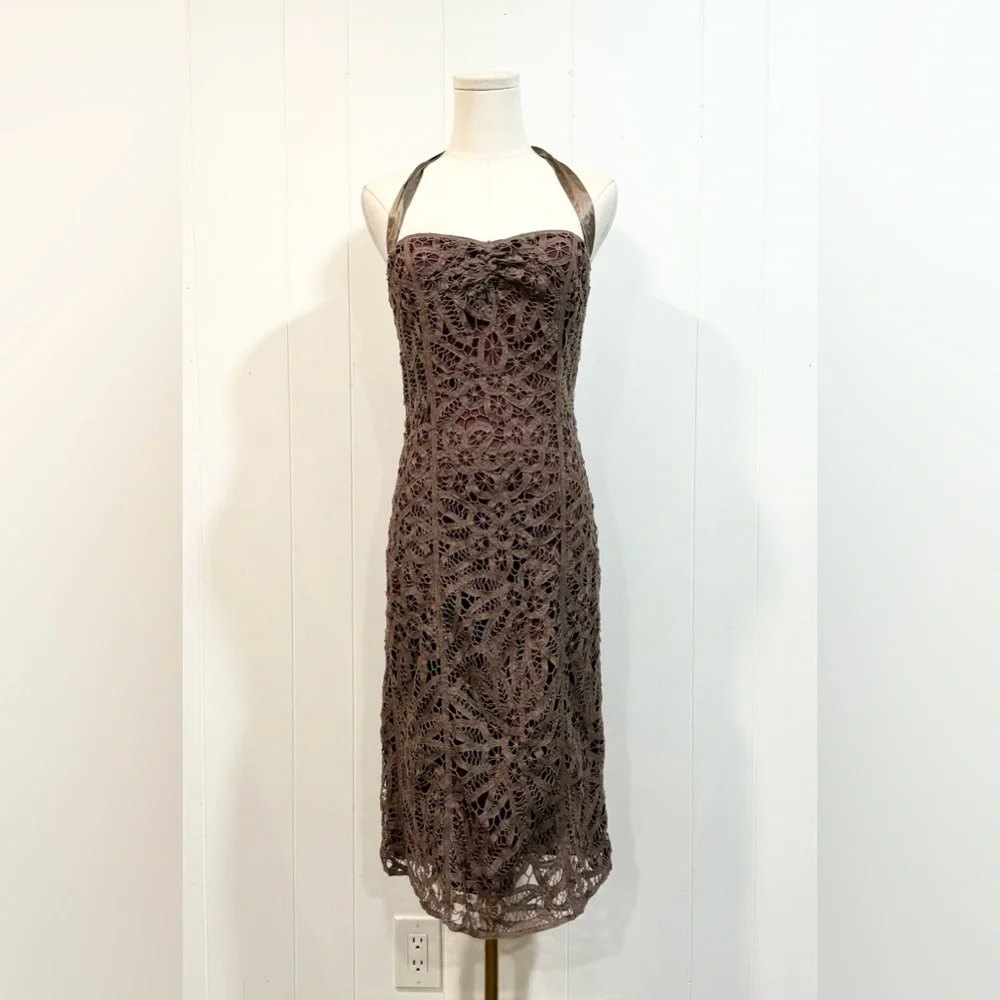 Vintage Betsey Johnson Y2K Crochet & Silk Strapless Halter Dress Size 6 - Picture 1 of 9